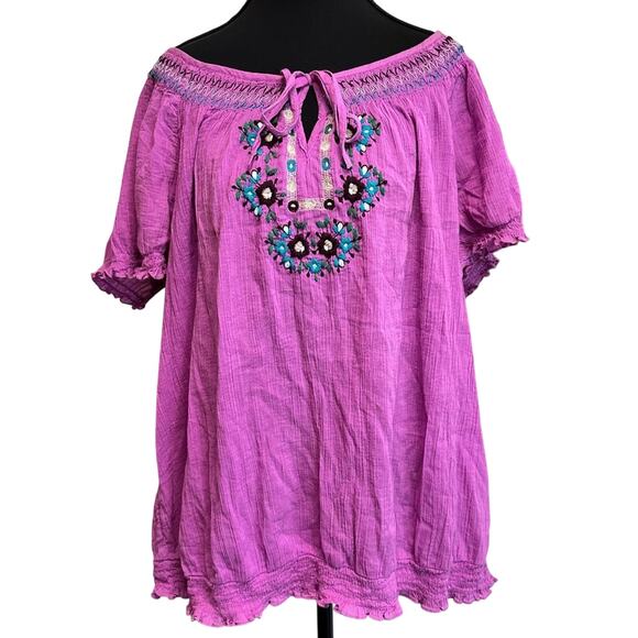 Old Navy Women’s Embroidered Boho Blouse Size XL X-Large Short Sleeve Shirt Plus - Picture 1 of 12